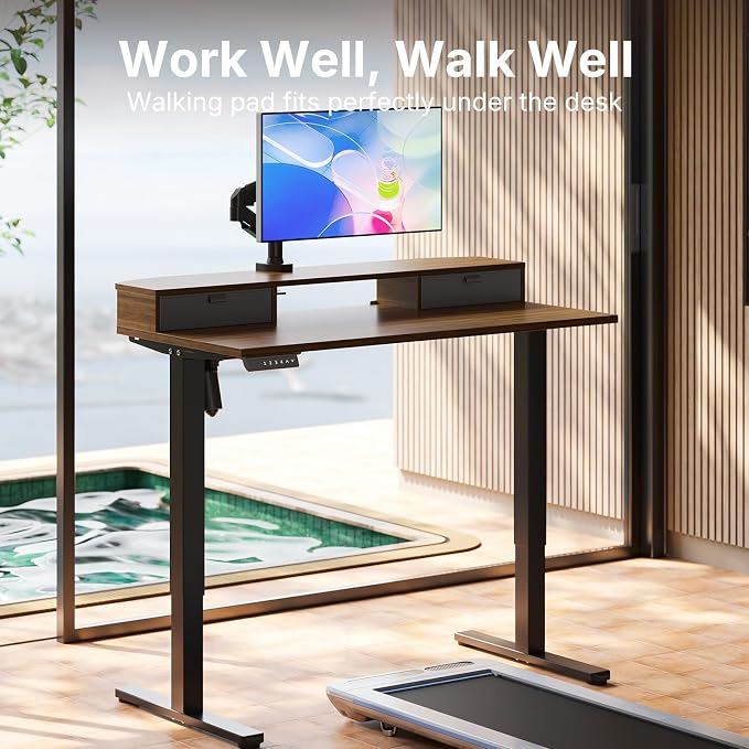 HUANUO 40" X 24" Electric Standing Desk with 2 Drawers, C-Clamp Mount Compatible, Height Adjustable Computer Desk, Home Office Stand Up Desk with 4 Preset Heights & 2 Hooks, Walnut