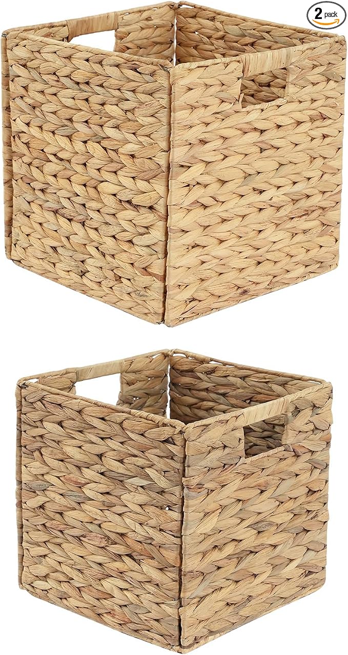 Wicker Storage Cubes, Foldable Storage Bins, 12x12x12 Inch, 2-Pack | 2-pack 12x12x12" foldable water hyacinth wicker cubes; collapsible storage bins for shelves, closets and home organization.