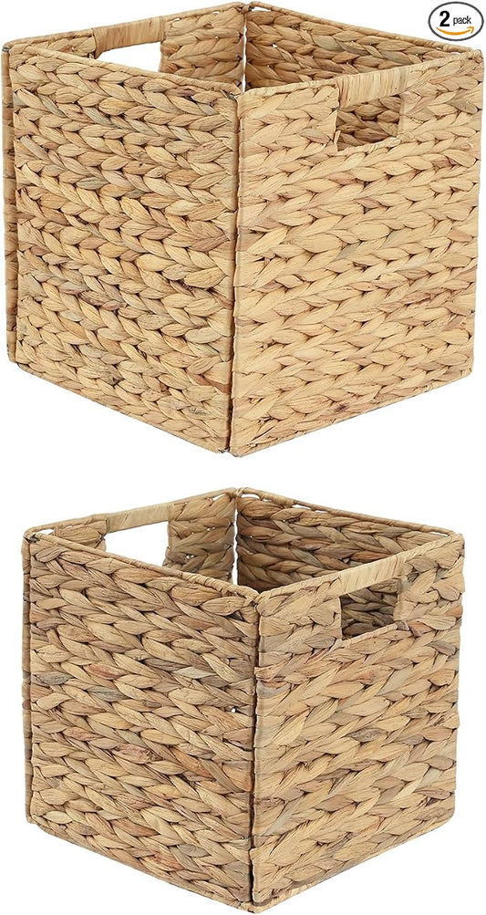 Wicker Storage Cubes, Foldable Storage Bins, 12x12x12 Inch, 2-Pack | 2-pack 12x12x12" foldable water hyacinth wicker cubes; collapsible storage bins for shelves, closets and home organization.