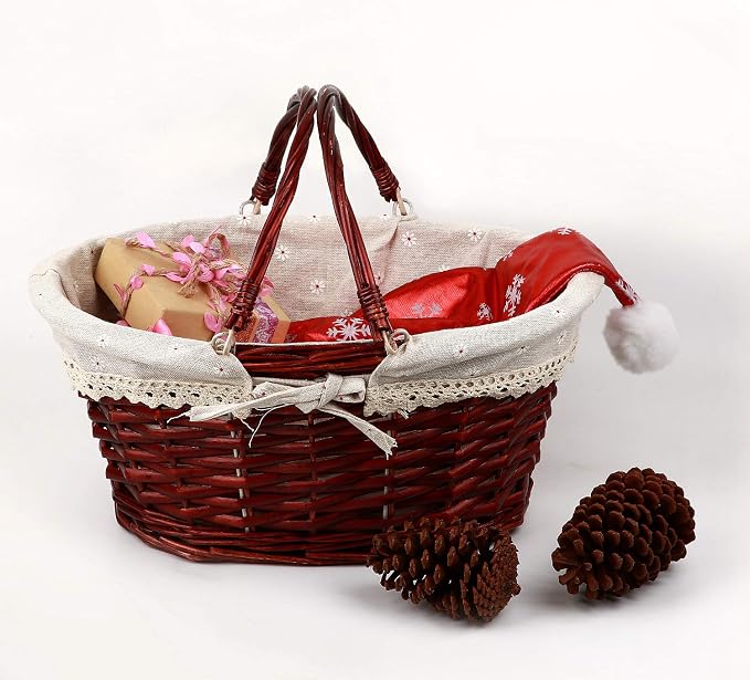 KINJOEK Wicker Woven Basket, Multipurpose Natural Willow Basket with Handle Premium Linen Cotton Cloth Lining for Storage and Decoration, Brown