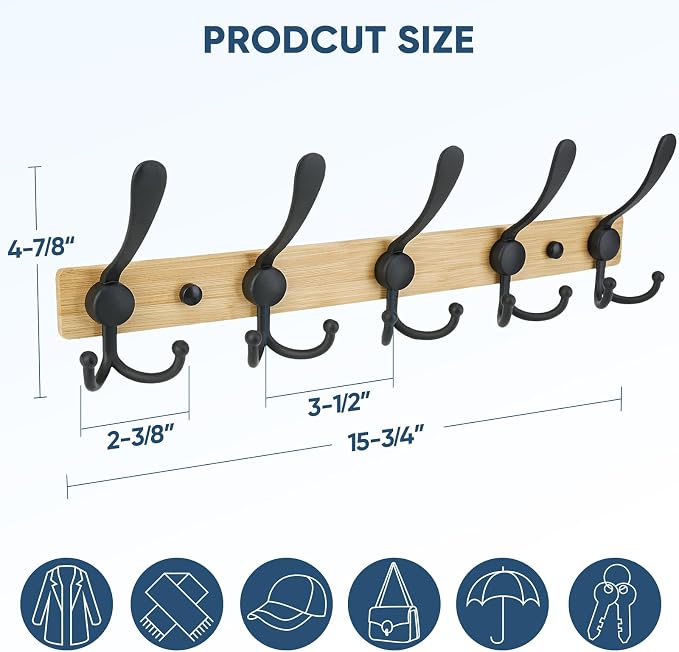 TICONN Wall Mounted Coat Rack, Five Heavy Duty Tri Hooks All Metal Construction for Jacket Coat Hat in Mudroom Entryway (Wood Black, 2-Pack)