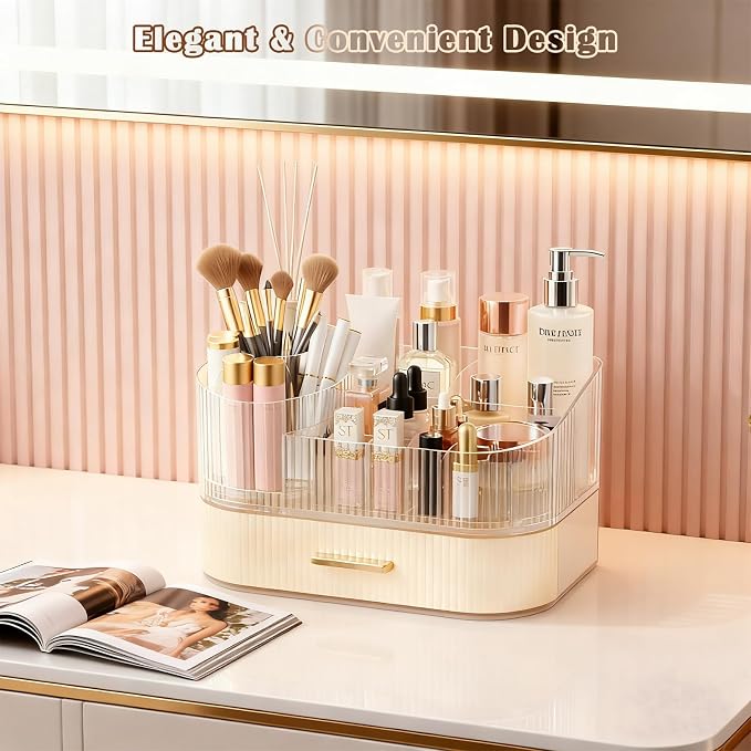 Makeup Organizer Countertop with 360 Rotating Brush Holder, Make Up Organizers For Vanity With Drawer, Bathroom Countertop Skincare Organizer And Storage