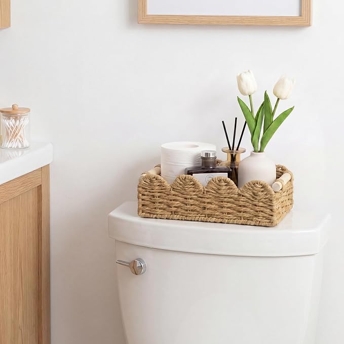 StorageWorks Toilet Paper Storage Basket 2 Pack, Toilet Basket with Wooden Handles, Small Wicker Decorative Scalloped Baskets for Organizing, Living Room, Shelves, Brown Rope Baskets