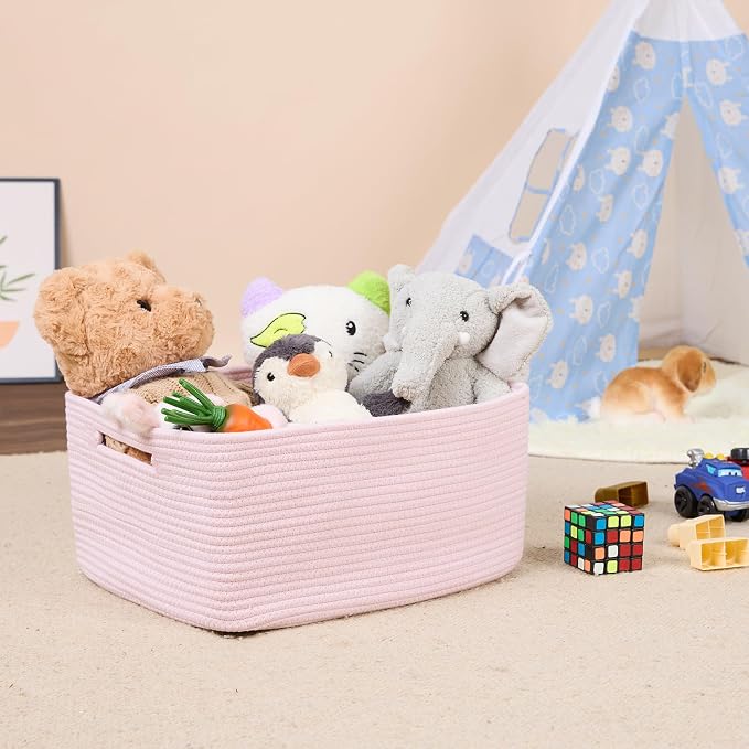 MiniArk Large Storage Baskets for Shelves, 17 x 13 x 7.5” Closet Organizers Bins for Clothes Blanket Towels, Baby Nursery, Toy Baskets Box, Woven Rope Baskets, 3 Packs Light Pink