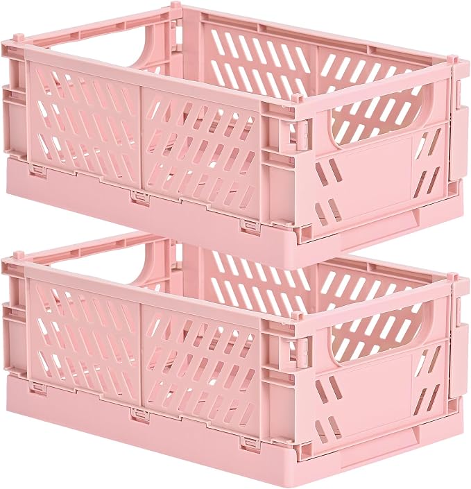 HUUSMOT 2-Pack Collapsible Plastic Storage Baskets, Pink, 9.8"x6.5"x3.8" | Pastel, Space-Saving, Collapsible Plastic Bins, Cute Mini Storage Crates, for Classroom, Kitchen, Office, Bedroom