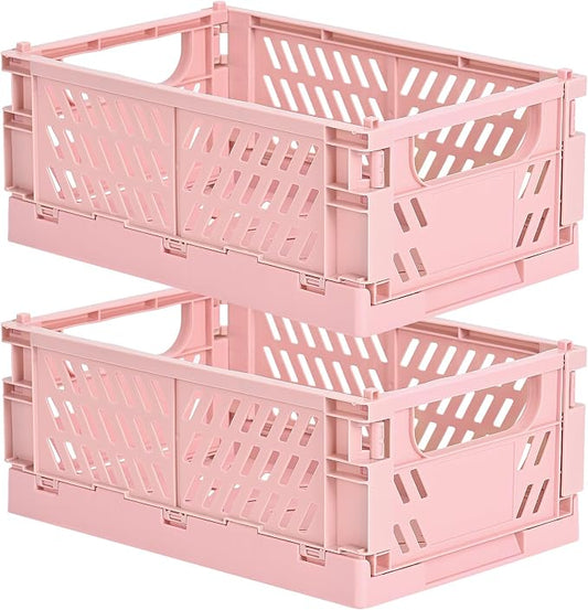 HUUSMOT 2-Pack Collapsible Plastic Storage Baskets, Pink, 9.8"x6.5"x3.8" | Pastel, Space-Saving, Collapsible Plastic Bins, Cute Mini Storage Crates, for Classroom, Kitchen, Office, Bedroom