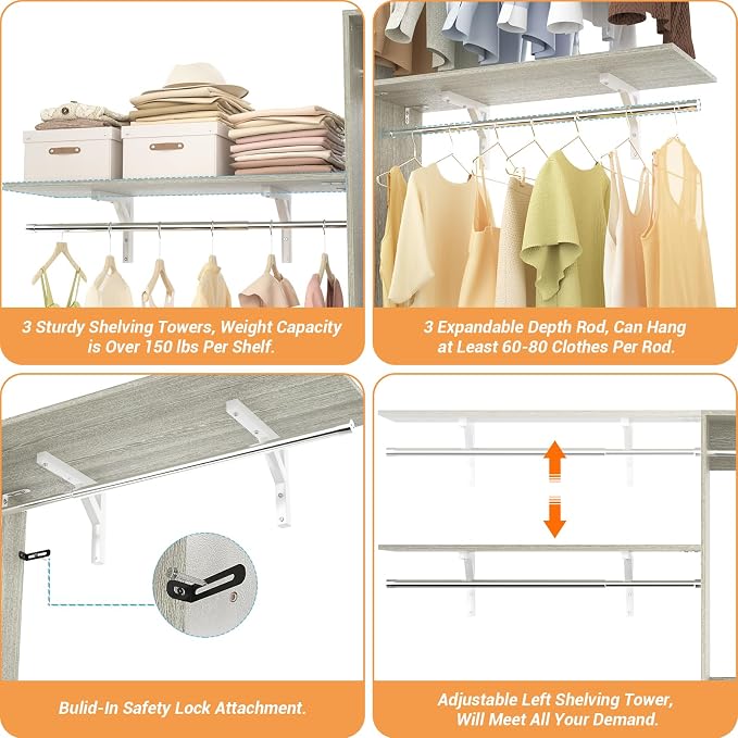 8FT Closet System with 3 Wooden Storage Shelves, 96'' Closet Organizer System with 3 Hanging Rods, Wall Mount Wardrobe Walk-in Closet, Adjustable Garment Rack from 5 to 8FT (Cut to Fit), White Oak