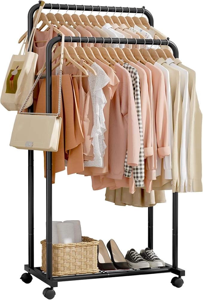 Sakugi Clothes Rack - Clothing Rack with Storage Mesh Shelf & Casters, Heavy-Duty Metal Clothing Rack for Hanging Clothes, Dresses, Coats, Large Load Capacity, Easy Assembly, Black, 28.0"x16.0"x59.0"