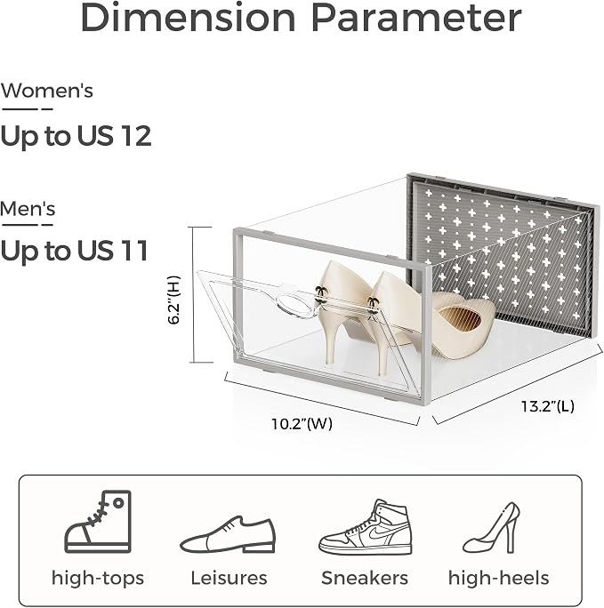 12 Pack X-Large Shoe Storage Boxes, Shoe Organizer Clear Stackable | Fit US Size 11, 6.2” Height, Shoe Dispaly Case Holder Bins Sneaker Storage for Sneakerheads, For Home and Family, Grey