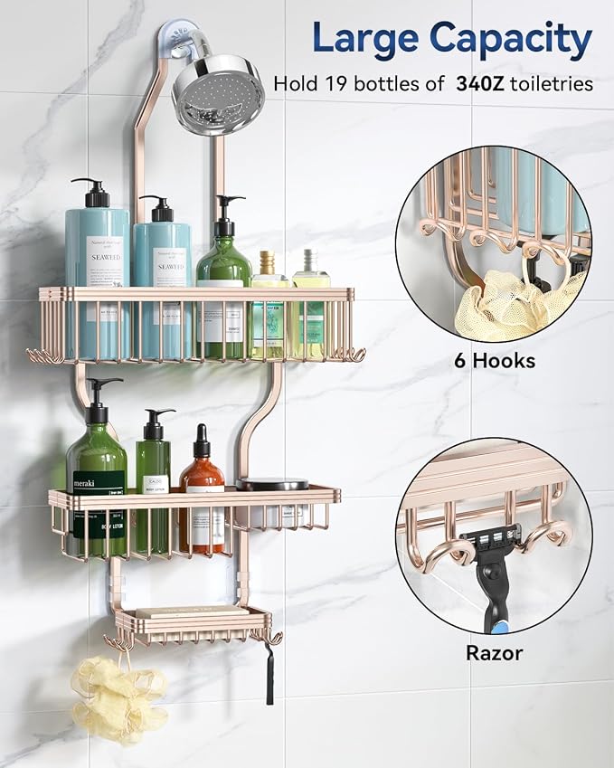 YASONIC Never Rust Shower Caddy Hanging, Aluminum Shower Racks for Inside Shower, 3-Tier Shower Organizer Hanging Over Shower Head with Hooks and Soap Holder, Rose Gold
