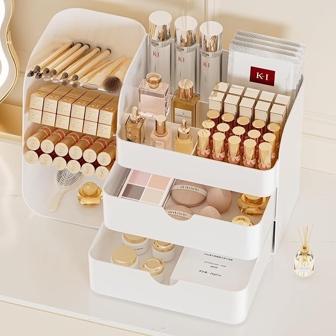 Makeup Organizer with Drawers, Large Capacity Countertop Organizer for Vanity, Bathroom and Bedroom Desk Cosmetics Organizer, Easy To Storage Skincare, Brushes, Eyeshadow, Lipstick (All White)