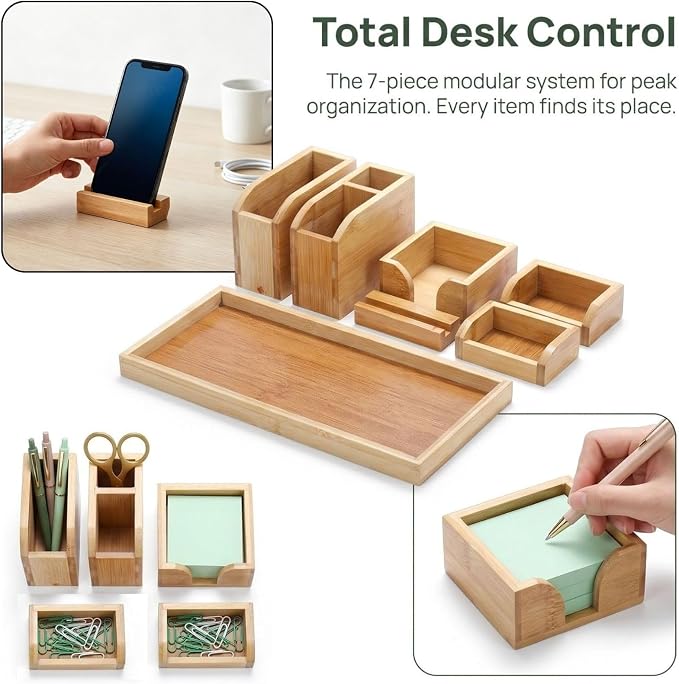 Cididu Bamboo Vanity Tray, 7 Pieces Adjustable Pen Holder Stationery Caddy, Bathroom Vanity Organizer Set, Sturdy Countertop Desk Tray Storage Boxes Office Supplies for Makeup Small Items Home Kitchen