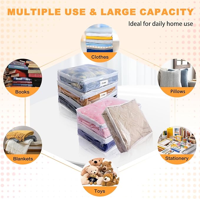 Clear Zippered Plastic Clothes Storage Bags, 6 Pack, White | Clear Storage Bags with Zipper Plastic Storage Bags for Clothes Sweaters Blankets Sheets, Size: 12 x 12 x 4 Inch
