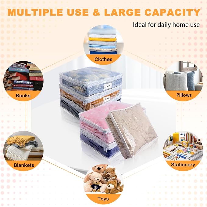 Clear Zippered Plastic Clothes Storage Bags, 6 Pack, White | Clear Storage Bags with Zipper Plastic Storage Bags for Clothes Sweaters Blankets Sheets, Size: 10.5 x 10.5 x 2.5 Inch
