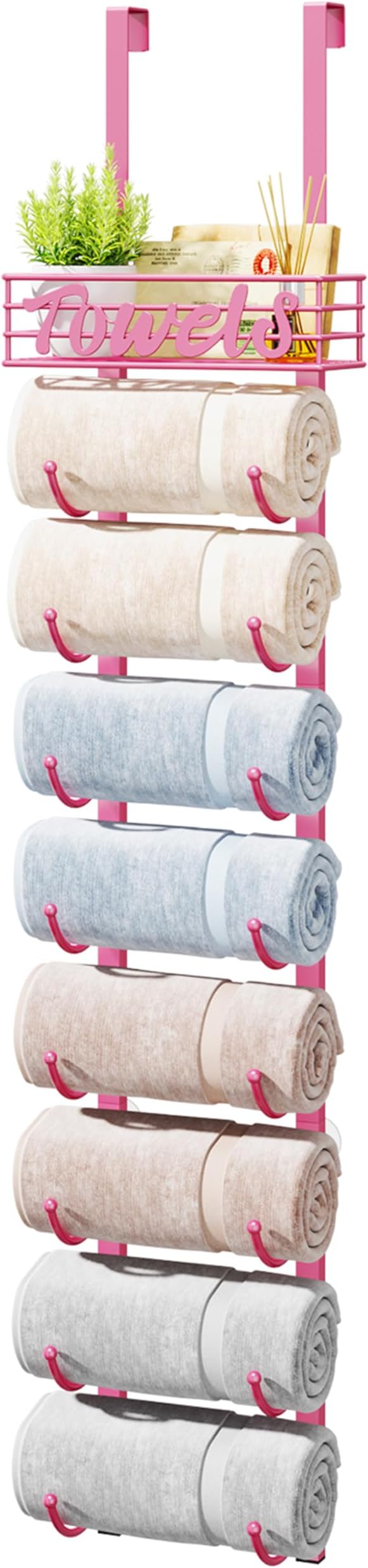 HapiRm Towel Racks for Bathroom Storage - 9 Tier Over The Door & Wall Mount Rolled Towel Storage Organizer Holder with Metal Shelf Basket for Small Bathroom, Camper, Rv - Pink, Patented