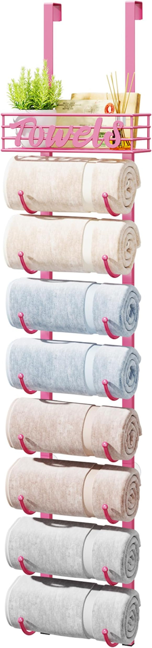 HapiRm Towel Racks for Bathroom Storage - 9 Tier Over The Door & Wall Mount Rolled Towel Storage Organizer Holder with Metal Shelf Basket for Small Bathroom, Camper, Rv - Pink, Patented