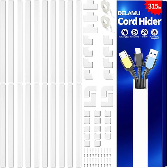 Delamu Cord Hider, 315in Wire Covers for 2-3 Cords on Wall, Premium Cable Hider Cord Covers for Wires on Wall, Cable Management Wire Hiders for TV, Cable Raceway Kit, L15.7X W0.95x H0.55in, White