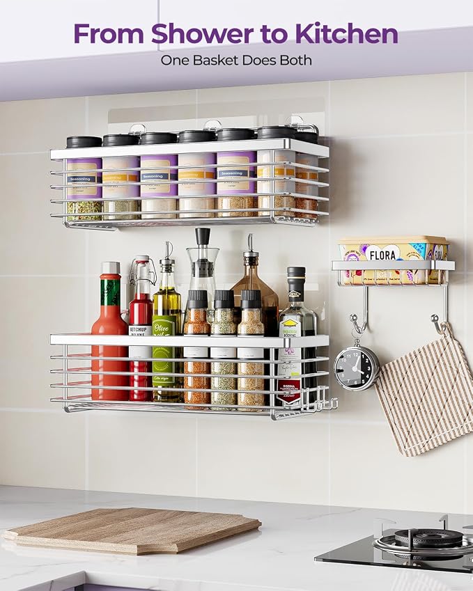 Shower Caddy Adhesive 3 Pack Stainless Steel Storage Organizers-Silver | No drilling wall mounted,rust-resistant,large capacity,quick drainage,easy to clean,suitable for bathrooms and kitchens