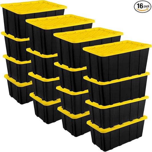 Sterilite 16-Pack Industrial Tote, Plastic Storage Container Bins with Lids, 38 Gallon - Heavy-Duty Organizing Containers for Closet, Bathroom, and Office