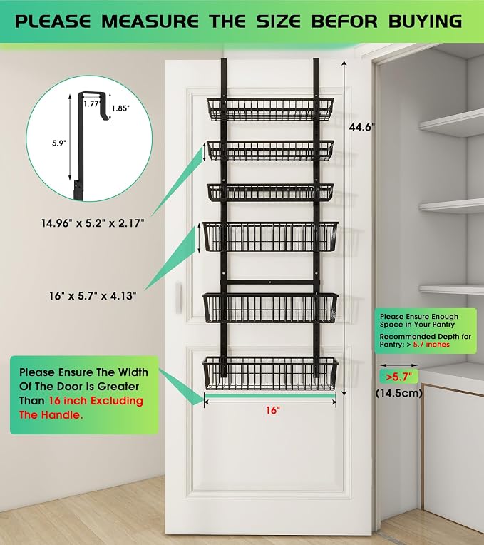 Mefirt Over The Door Pantry Organizer, 6-Tier Black Deep Baskets | Pantry Hanging Organizers and Storage, Adjustable Heavy-Duty Metal for Home & Kitchen, Back of Door Seasoning Rack