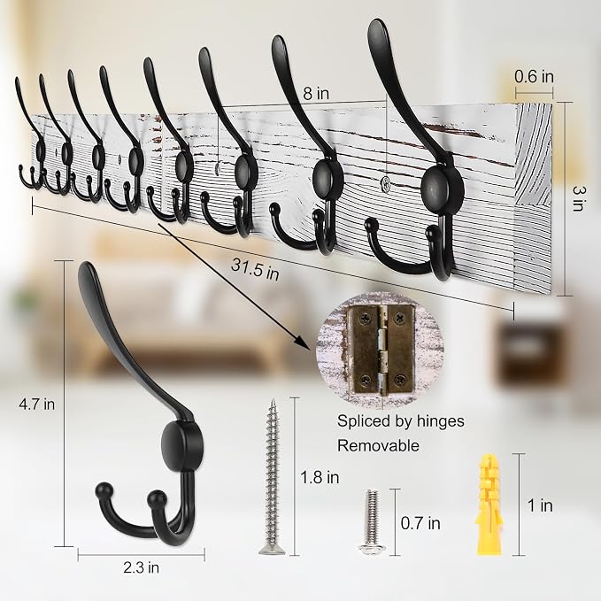 Coat Rack Wall Mount 31.5'' Coat Hanger Wall Mount Old White Coat Hooks for Wall Rustic Towel Racks for Bathroom Living Room Coat Hats Clothes