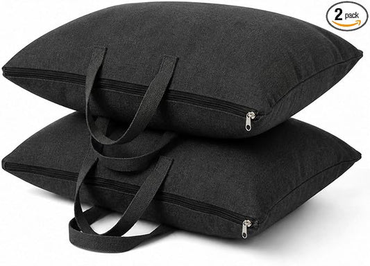 2 Pack Travel Pillow and Blanket Bags, 100% Cotton Canvas Pillow Storage Bag with Handles, Heavy Duty Breathable Organizer for Bedding Linens, Pillow Bag for Traveling(2,Black,20"x30")