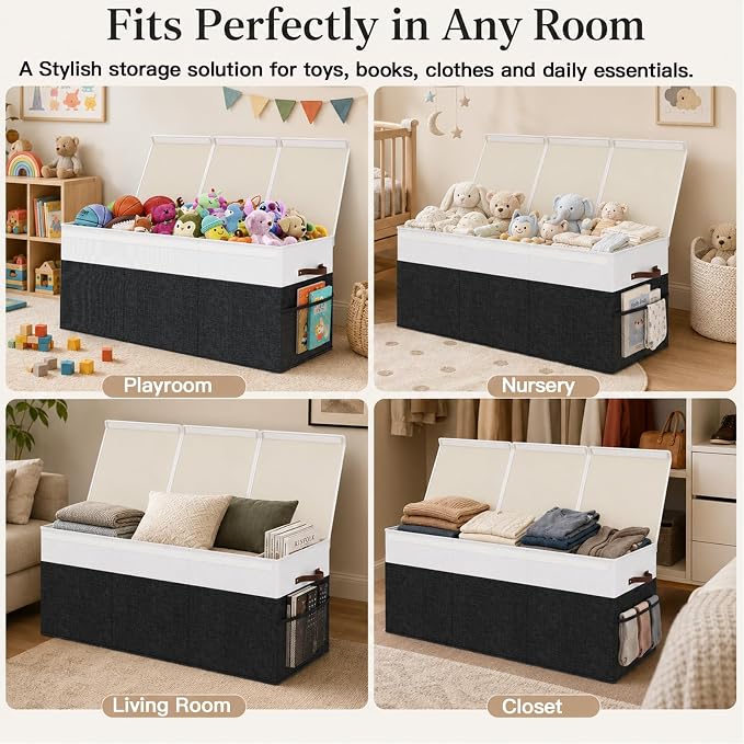 150L Extra Large Toy Storage Box with Lid for Boys Girls Nursery Playroom | Collapsible with Lid, Removable Divider, 40"x14"x16", Side Pockets, For Nursery, Living Room, Playroom