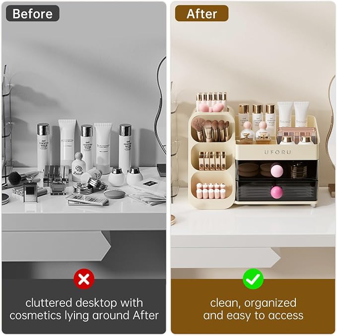 UFORU Makeup Organizer Countertop with Brush Holder for Vanity Bathroom | Large Capacity, Thickened Plastic, 2 Clear Drawers, Compact Size, Detachable Brush Holder, Divided Compartments, Easy Access