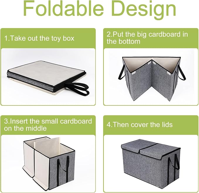 YOLOXO Large Kids Toy Box Chest Storage organizer with Double Flip-Top Lid - Collapsible Sturdy Toy Organizers And Storage Bins With Big Handles For Nursery, Playroom, 26.8"x13.8"x16"(Grey)