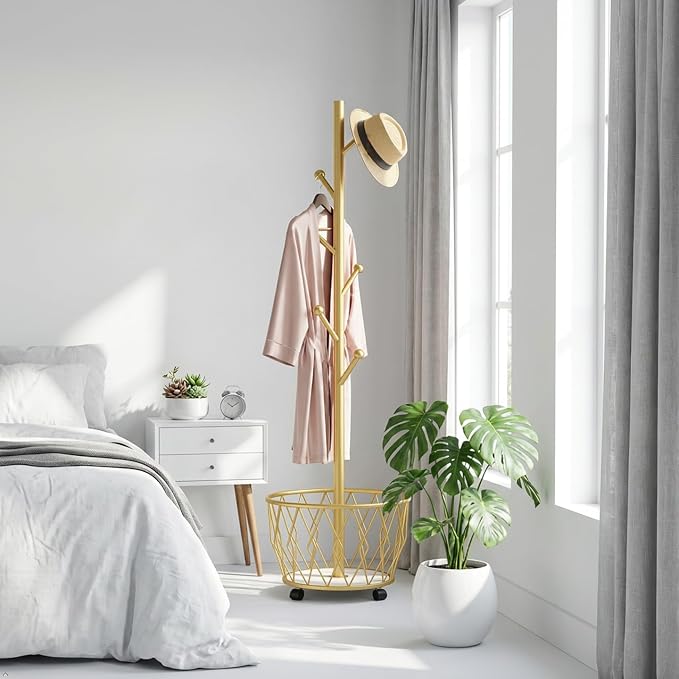 Gold Moveable Tree Metal Coat Rack with Basket Freestanding 65" | Organizer for Scarf Jacket Hat Bags Ideal for Home Entryway Bedroom Corner Stable