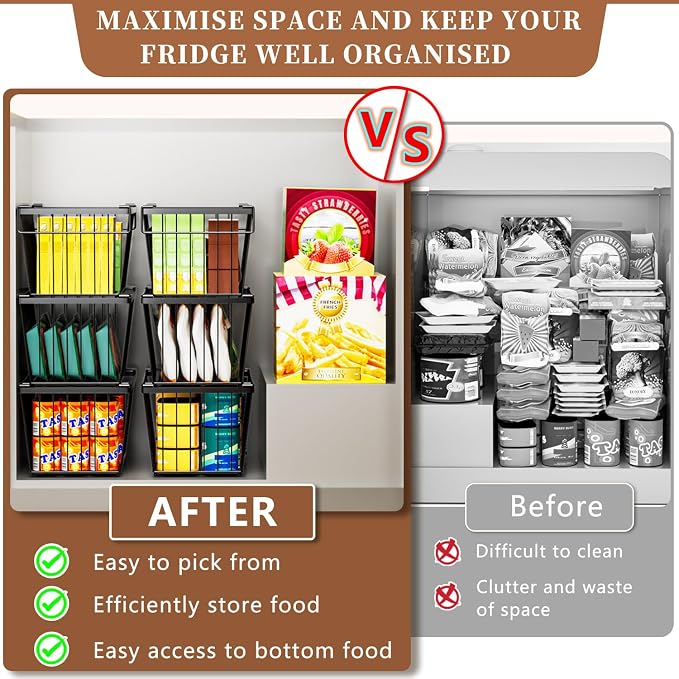 Enhanced Leak-Proof Bottom - Freezer Organizer Bins ，8 Pack Stackable Deep Freezer Organizer Bins for 7 Cu.FT Small Chest Freezer，organization and storage，pantry organizers (Black 8 Pack)