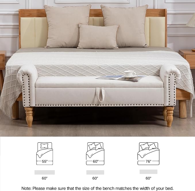 60" Storage Bench for Bedroom,End of Bed Bench with Storage | Linen King Size Bench with Rolled Arms,Storage Ottoman Benches for Living Room,Entryway,Benches for Foot of Bed,Beige
