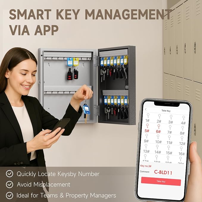 32 Key Lock Box Smart Key Organier Cabinet with Keypad & App for Office | Wall Mounted Lockbox use App, Custom & One Time Password, WiFi (Need W100 Bridge) Unlock for School, Office, Fleet, Hotel