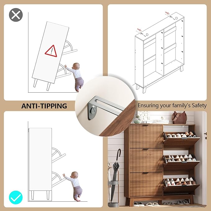 Shoe Cabinet Storage for Entryway with 6 Flip Drawers, Fluted Narrow Shoe Organizer with Wooden Legs, Freestanding Slim Shoe Storage Hidden Shoe Rack Organizer for Front Door Entrance, Walnut