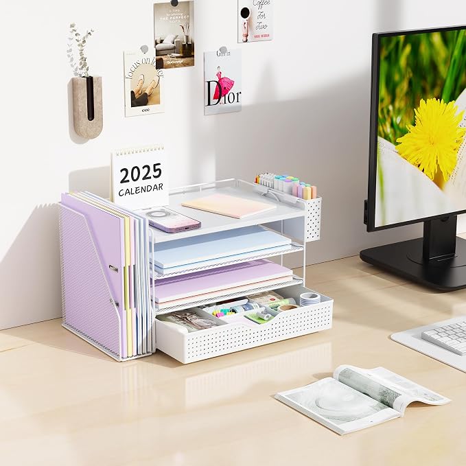 gianotter Wood Desk Organizers and Accessories with File Holder, 4-Tier Desk Accessories & Workspace Organizers with Drawer and Pen Holder, Desk Reference Organizer (White, 4T with Drawer)