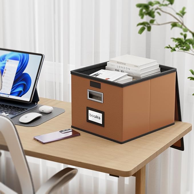 File Organizer Box with Lids, Collapsible File Folder Organizer | File Box with Plastic Slides for Document, Filing Bin for Letter Size Hanging File Folders (2 Pack, Caramel, Leather)