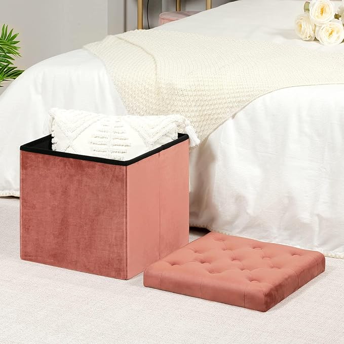 B FSOBEIIALEO Storage Ottoman Cube, Velvet Tufted Folding Ottomans with Lid, Footstool Rest Padded Seat for Bedroom (Warm Red, Medium)