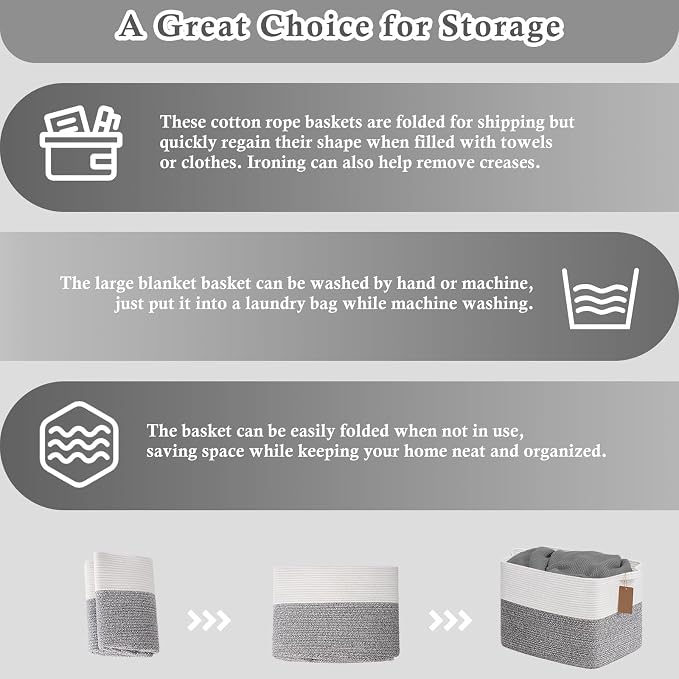 Goodpick Woven Storage Basket with Handles, Cotton Rope, Light Gray | 50L, 18 x 14 x 12 in, Rectangle, Blankets, Toys & Home Essentials Storage, Living Room, Bedroom & Nursery Organization