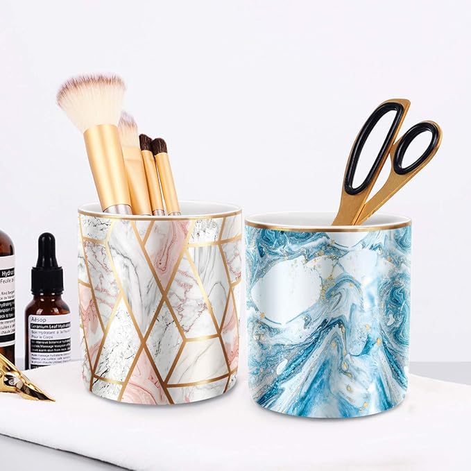 Pen Pencil Holder for Desk, Marble Desk Decor Organizer, Durable Ceramic Pencil Cup Holder Marble Design Makeup Cups for Brushes for Office, Classroom, Blue