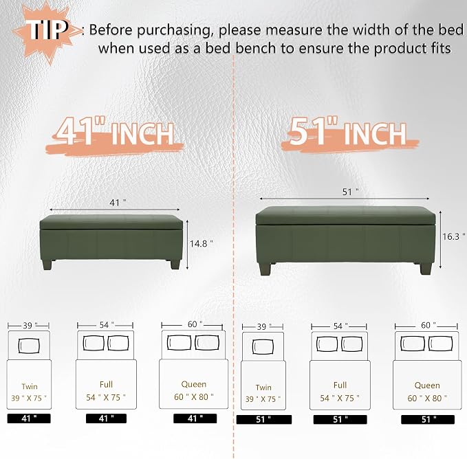 51 Inch Storage Ottoman, Storage Bench with Safety Hinge, Upholstered Synthetic Leather Ottoman Bench for Bedroom, Living Room, Entryway, Hallway, Foot Rest, Support 500lbs
