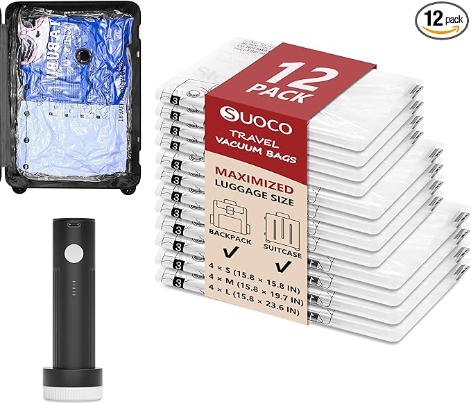 Travel Vacuum Bags for Clothing with Rechargeable Electric Pump, Compression Packing Cubes Organizer Storage for Luggage Suitcase, Space Saver Seal Bags for Vacation Cruise, 12 Combo | Compression Packing Cubes Organizer Storage for Luggage Suitcase, S...