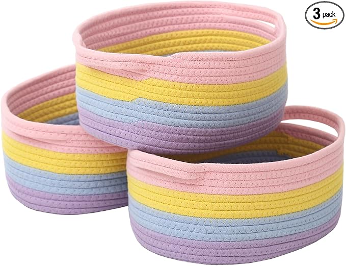 JMvicyroam Small Woven Basket, Empty Gift Basket, Rainbow/3 Pack | Small Gift Basket, Cotton Rope, 12 x 8 x 53 in, Handles, Includes Ribbon and Bag, Birthday Gift Basket