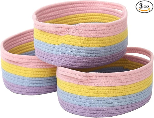 JMvicyroam Small Woven Basket, Empty Gift Basket, Rainbow/3 Pack | Small Gift Basket, Cotton Rope, 12 x 8 x 53 in, Handles, Includes Ribbon and Bag, Birthday Gift Basket