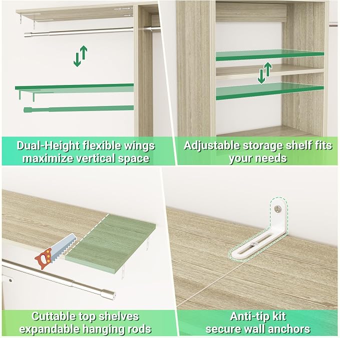 Besiost 48" Closet Organizer System, 4FT Closet System for Small Closets with 4 Hanging Rods & 3 Shelves, 80"H Small Closet Organizers and Storage for Bedrooms, Cloakrooms, White Oak