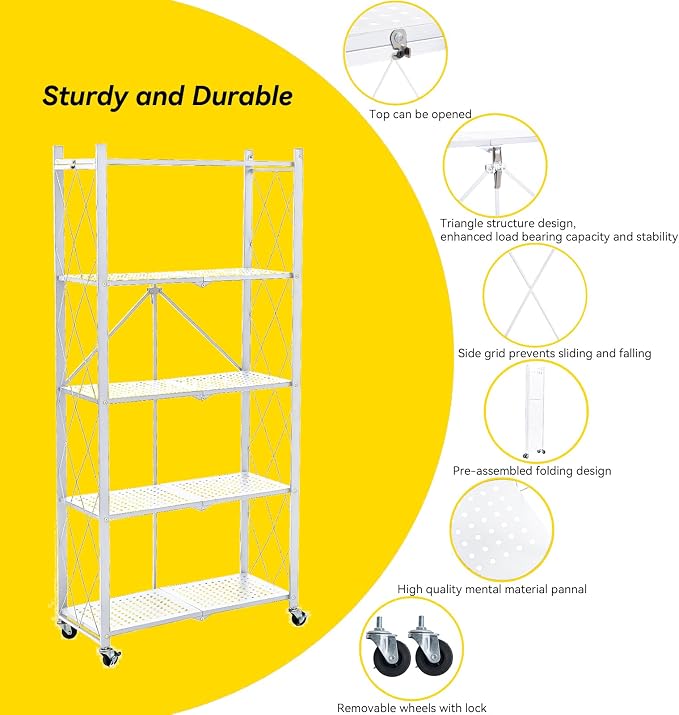 BRIAN & DANY 5-Tier Foldable Storage Shelves with Wheels, Folding Metal Rack Shelving Unit, Heavy Duty No Assembly Organizer Shelf for Garage, Kitchen, Basement, Pantry, White