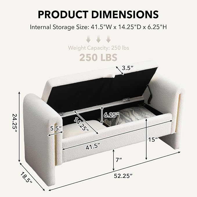 52" Flip-Top Storage Ottoman Bench, Teddy Entryway Bench (White) | Teddy Fleece Upholstered End of Bed Bench with Armrests, Soft Padded Window Bench for Living Room Bedroom Entryway