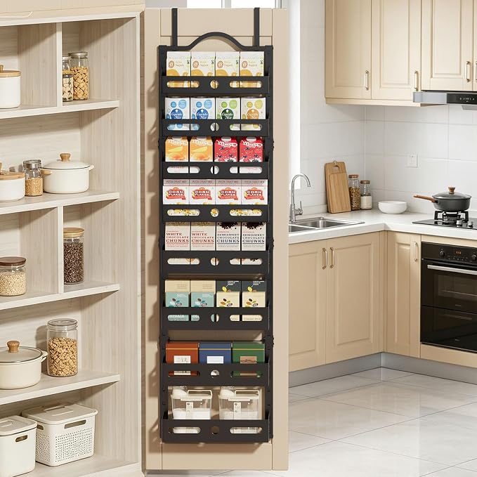 8-Tier Pantry Door Organizer, 2 IN 1 Wall Mount or Over The Door Pantry Organizer, Door Spice Rack with Adjustable Baskets, Over Door Organizer for Kitchen (12.4"W x 5.5"D x 66.1"H,1 Pack, Black)
