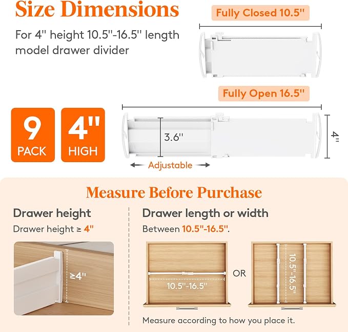Lifewit 9 Pack Drawer Dividers for Clothes, 4" High 10.5"-16.5" Expandable Dresser Drawer Organizers, Adjustable White Plastic Separators for Kitchen, Cabinet, Nursery, Socks & Underwear Storage