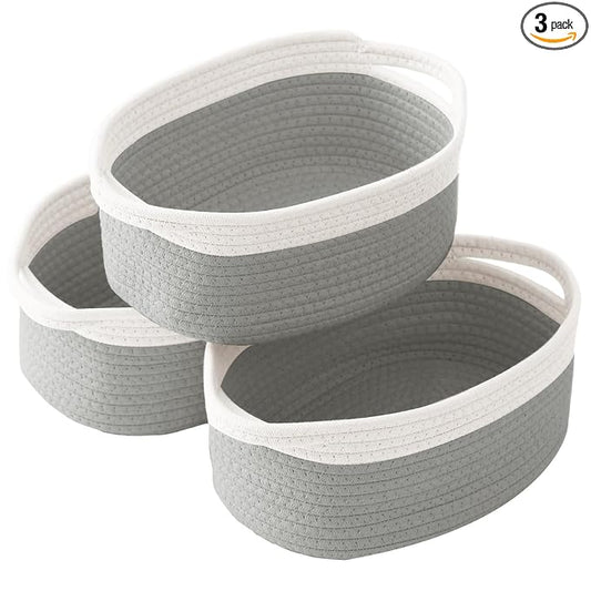 3PC Woven Rope Basket - Baby Gift Basket with Bag & Ribbon | Cotton rope with handle, 12 x 8 x 5 in, gift bag and ribbon, for baby shower, birthday, toy storage, nursery, shelf decor