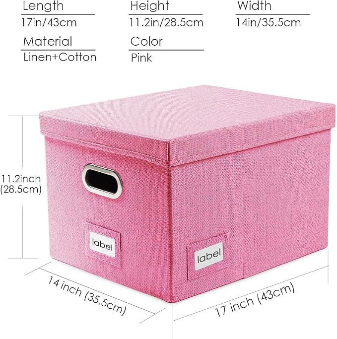 File Organizer Box - Set of 1 Collapsible Decorative Linen Filing Storage Hanging File Folders with Lids Office Cabinet Letter/Legal Pink (17x14x11.2 inch)